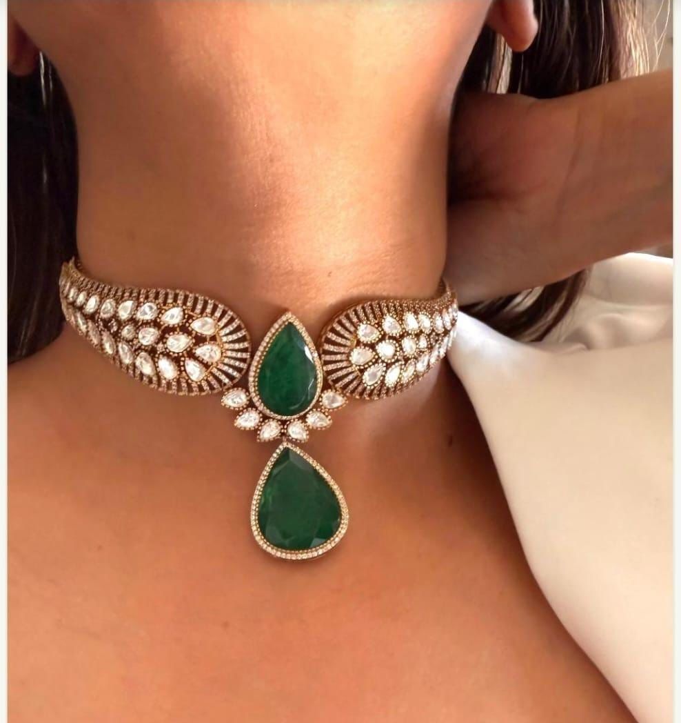 Dazzling Moissanite With Doublet Stone Kundan Choker Set - Jaipuri Polki Kundan Choker Set Indian Jewelry - Libasaa.com