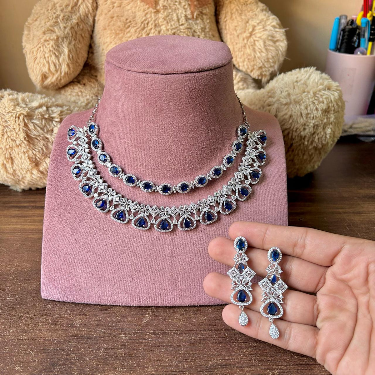 Traditional Double Layered AD Choker Earrings Set - Silver Finish CZ Choker Earrings Set - Libasaa.com