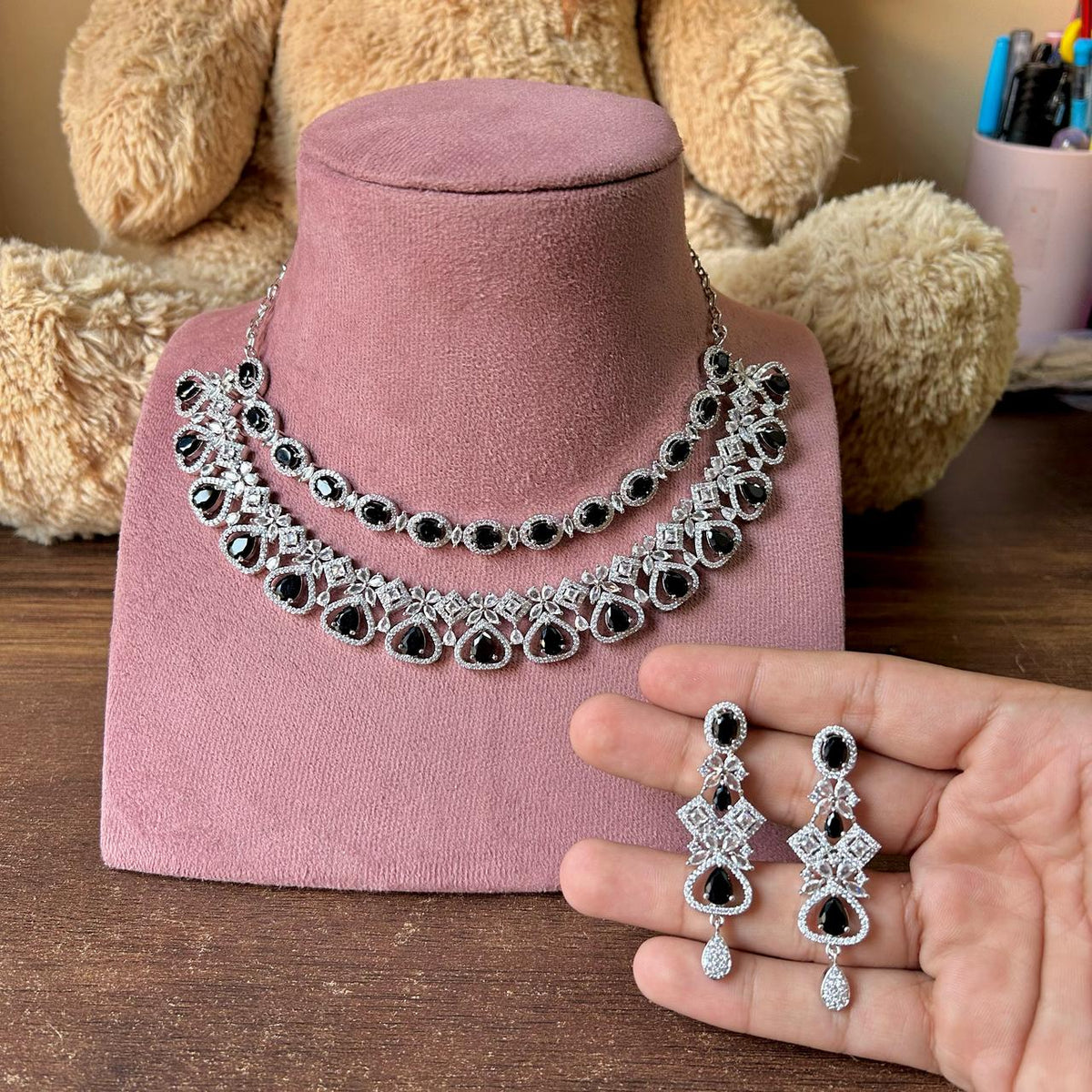 Traditional Double Layered AD Choker Earrings Set - Silver Finish CZ Choker Earrings Set - Libasaa.com