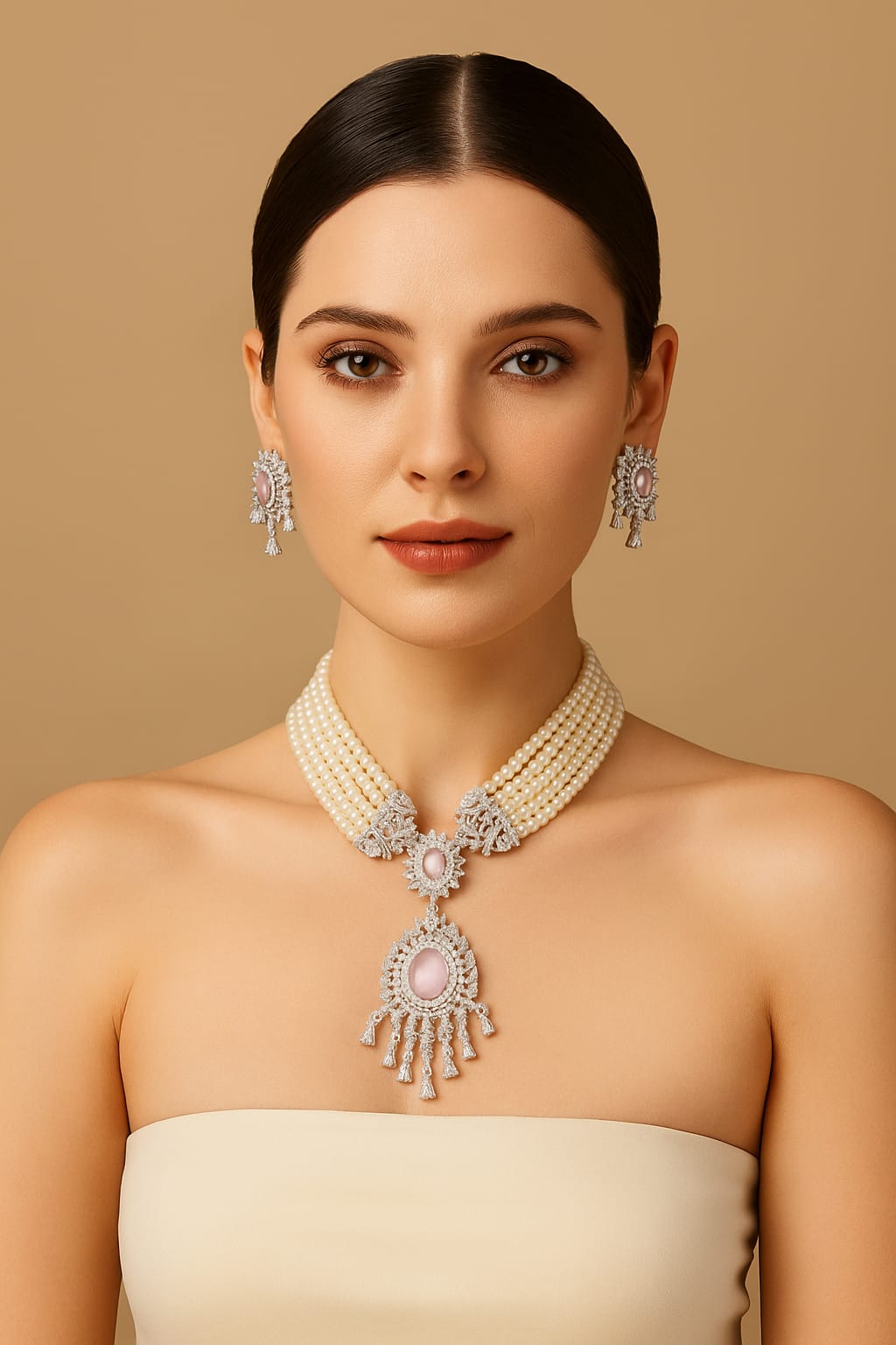 Wedding Bollywood Inspired AD Beads Chailn Necklace Earring Set - Libasaa.com