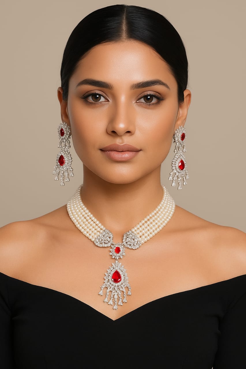 Wedding Bollywood Inspired AD Beads Chailn Necklace Earring Set - Libasaa.com