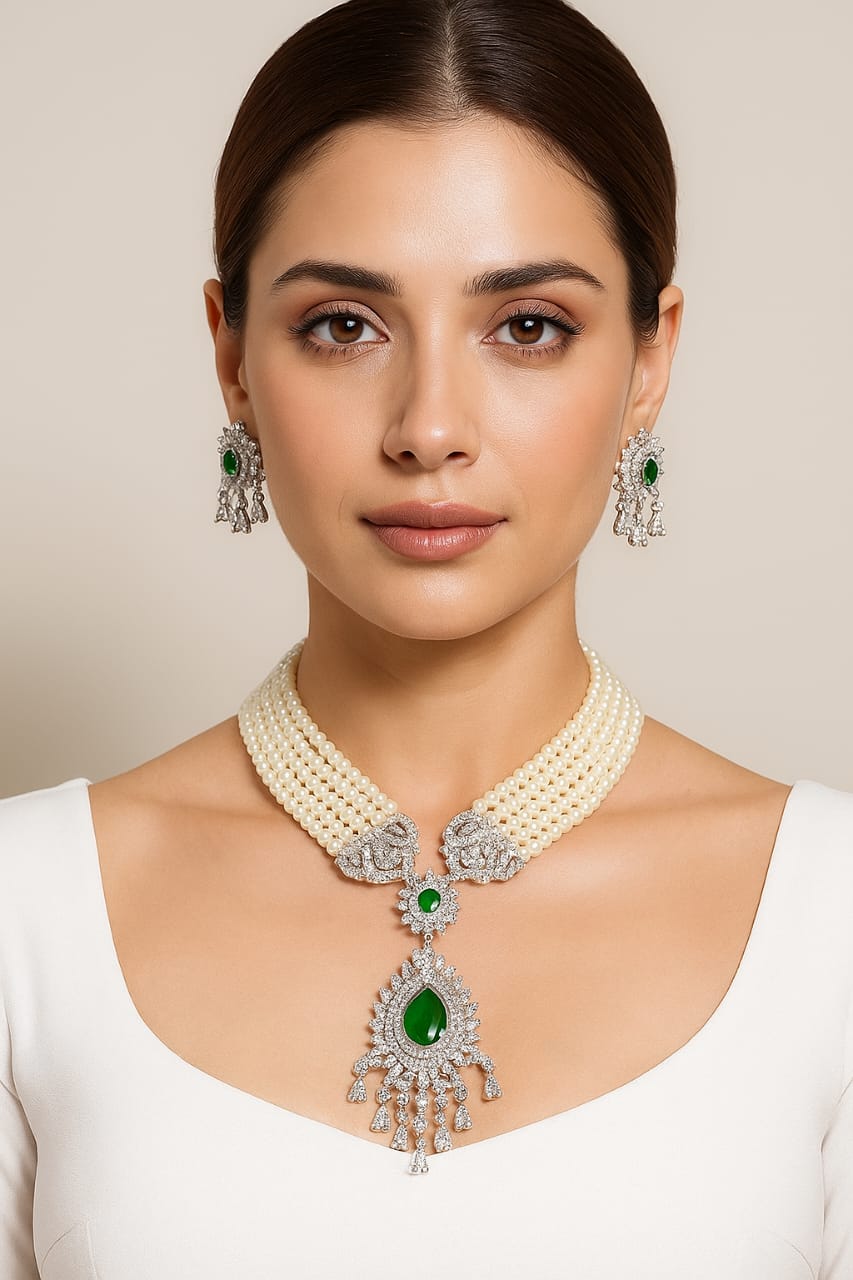 Wedding Bollywood Inspired AD Beads Chailn Necklace Earring Set - Libasaa.com