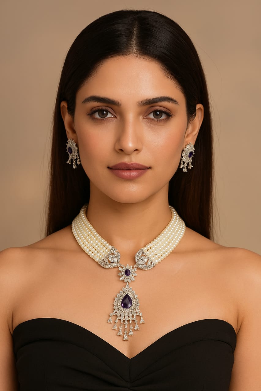 Wedding Bollywood Inspired AD Beads Chailn Necklace Earring Set - Libasaa.com