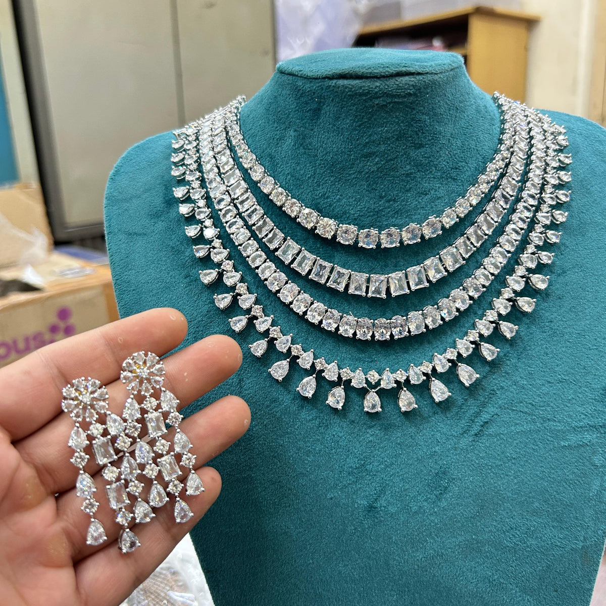 Indian Multi Layered Silver Tone AD CZ Necklace Earring Set For Wedding - Libasaa.com