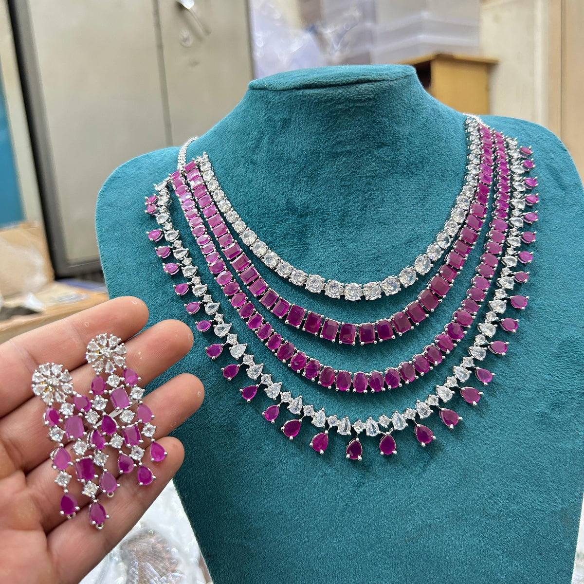 Indian Multi Layered Silver Tone AD CZ Necklace Earring Set For Wedding - Libasaa.com