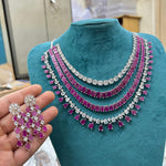 Indian Multi Layered Silver Tone AD CZ Necklace Earring Set For Wedding - Libasaa.com