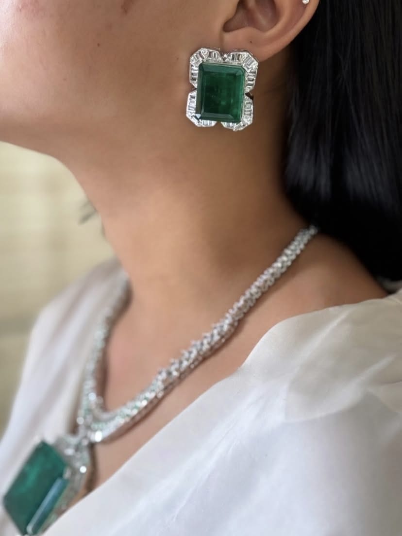 Priyanka Chopra Inspired Polki Silver Plated Necklace Earring Set For Wedding - Libasaa.com