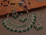 Green Golden tone Kundan Pearl Choker Necklace Earring Set with Maangtikka - Libasaa.com