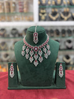 Bridal Americam Diamond Flower Design Choker Earring Maangtikka Set - CZ Indian Floral Choker Set - Libasaa.com