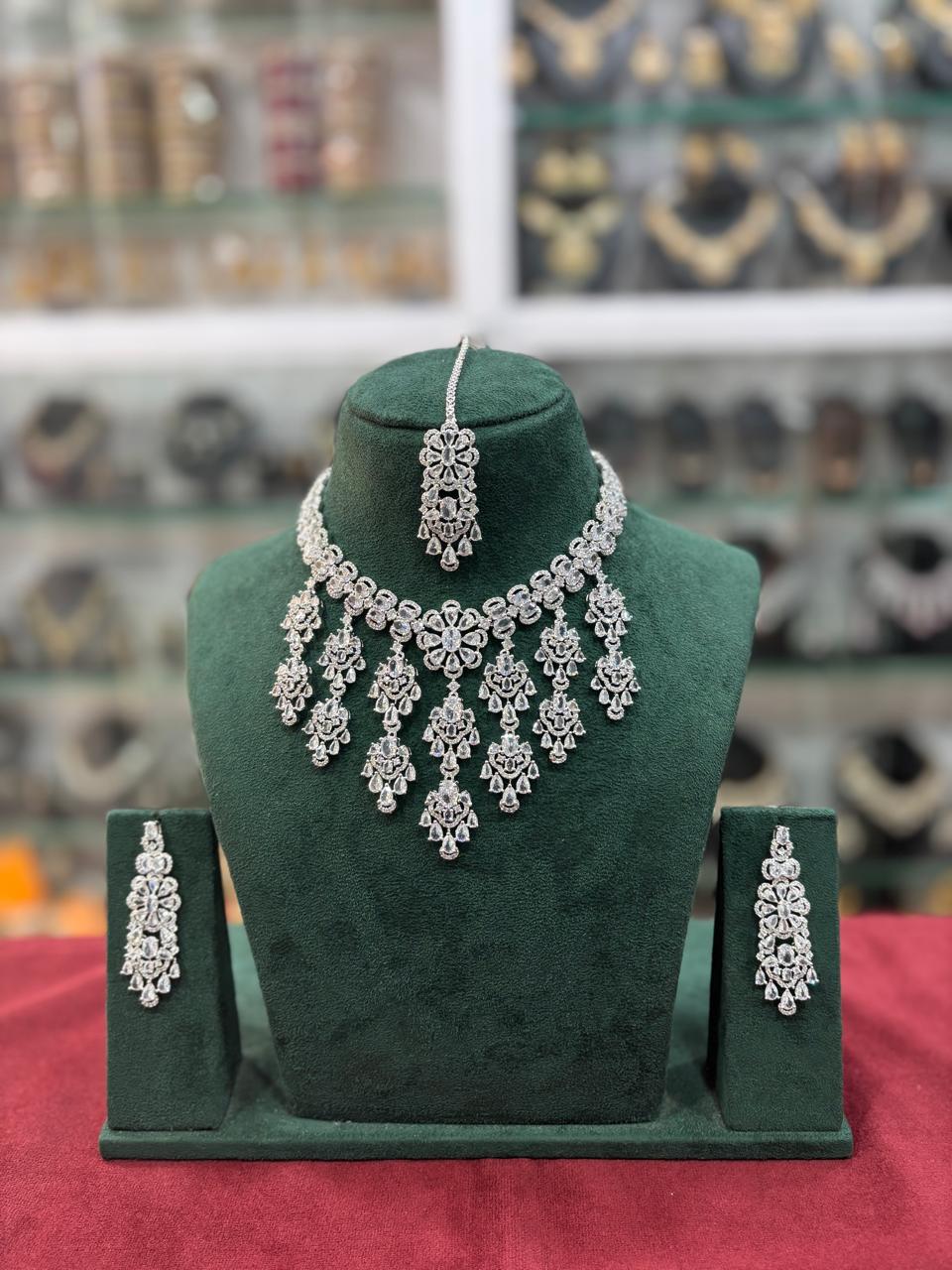 Bridal Americam Diamond Flower Design Choker Earring Maangtikka Set - CZ Indian Floral Choker Set - Libasaa.com