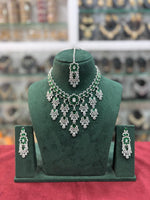 Bridal Americam Diamond Flower Design Choker Earring Maangtikka Set - CZ Indian Floral Choker Set - Libasaa.com