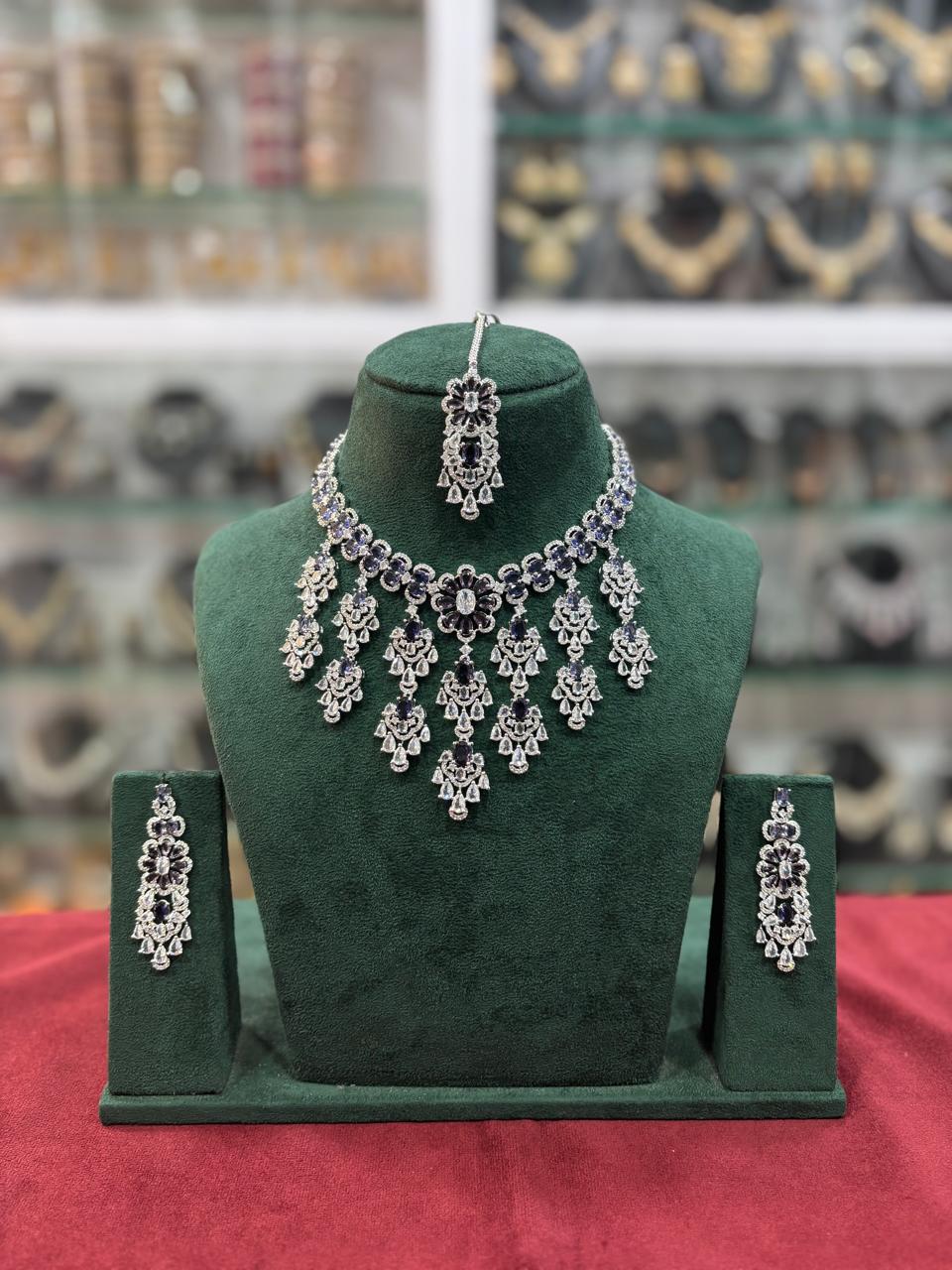 Bridal Americam Diamond Flower Design Choker Earring Maangtikka Set - CZ Indian Floral Choker Set - Libasaa.com