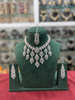 Bridal Americam Diamond Flower Design Choker Earring Maangtikka Set - CZ Indian Floral Choker Set - Libasaa.com