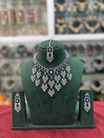 Bridal Americam Diamond Flower Design Choker Earring Maangtikka Set - CZ Indian Floral Choker Set - Libasaa.com