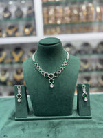 Green Silver Finish Cubic Zirconia Studd Necklace Earrings Set - Indian AD Silver Toned Necklace Set - Libasaa.com
