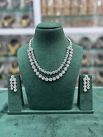 Indian Silver Toned Double Layered AD Choker Earrings Set - Silver CZ Necklace Earrings Indian Jewelry - Libasaa.com