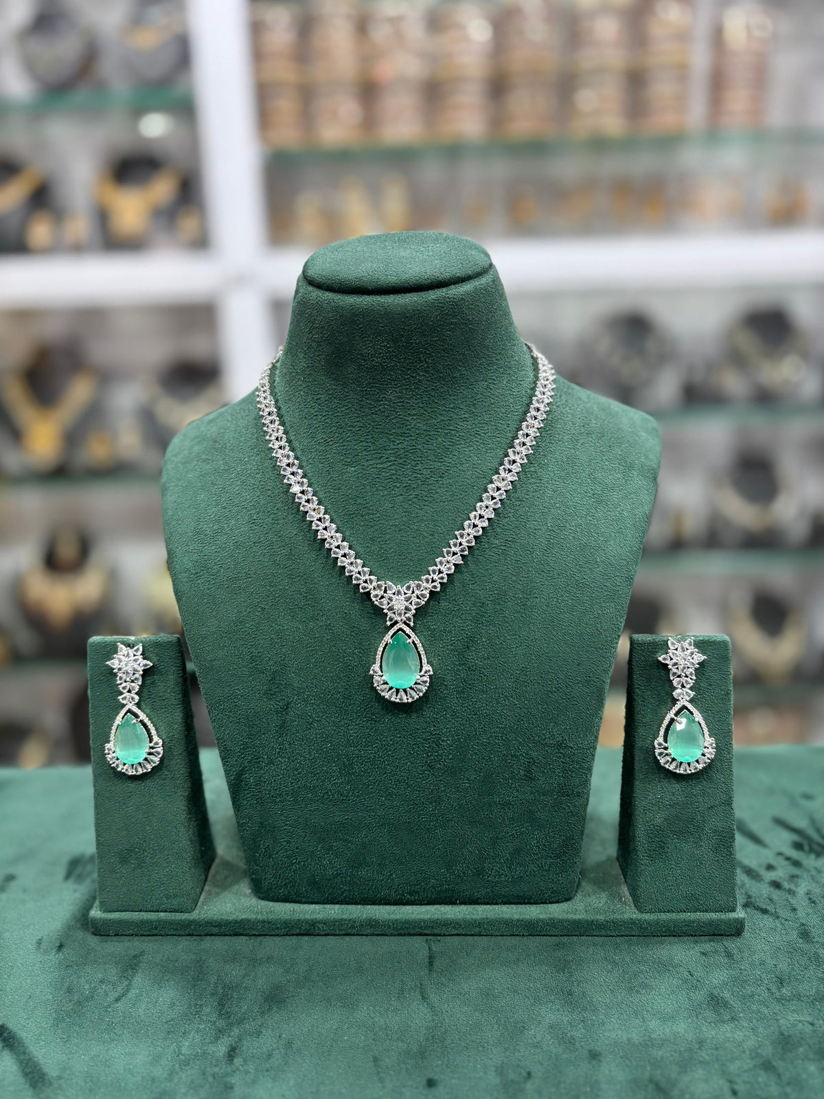 Pale Green Silver Tone American Diamond Necklace Earrings Set - AD Floral Necklace Set - Libasaa.com