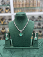 Pale Green Silver Tone American Diamond Necklace Earrings Set - AD Floral Necklace Set - Libasaa.com