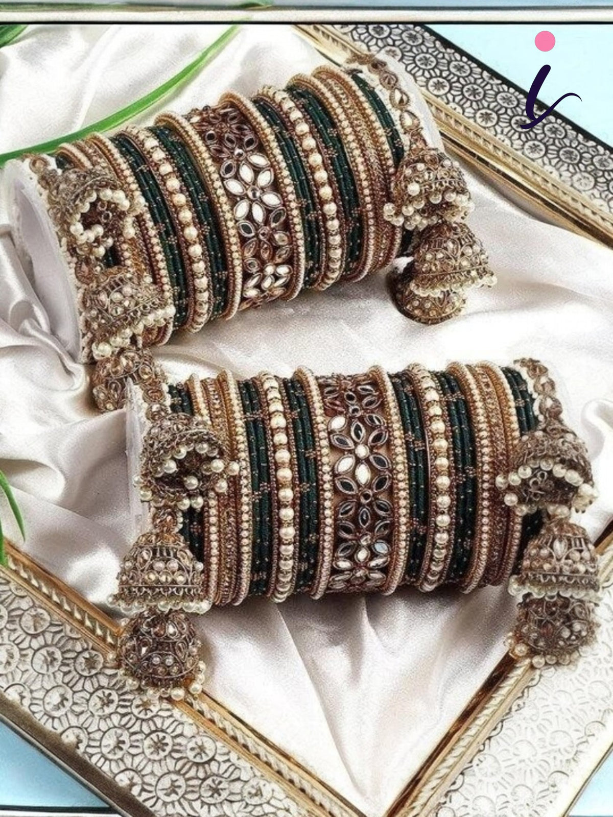 Bridal Thread Bangles Set with Golden Pearl Tassel Latkan and Mirror Kada, Traditional Indian Wedding Jewelry for Women
