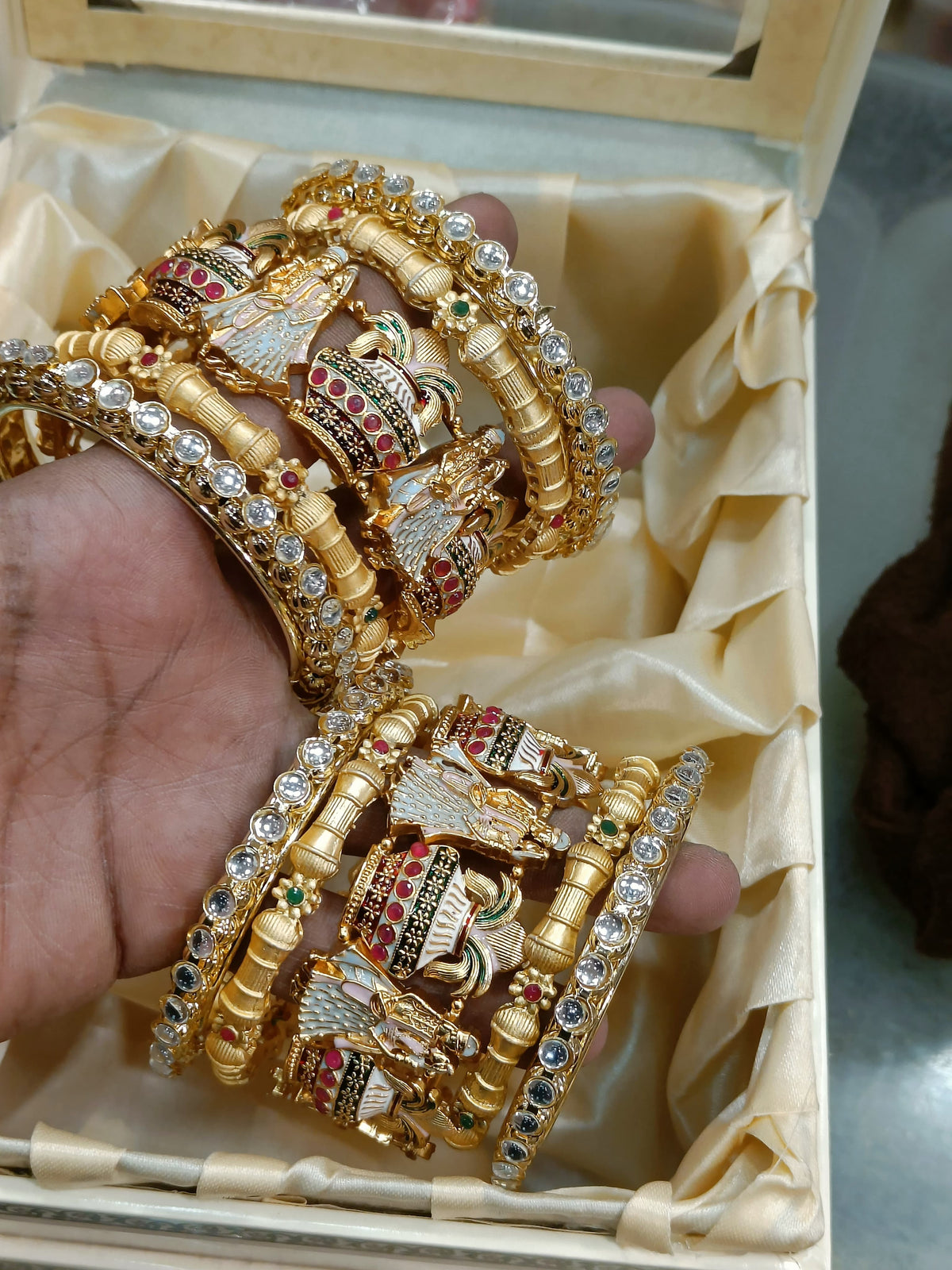 Indian Meenakari Jaipuri Golden Kada Bracelet Set For Wedding - Libasaa.com