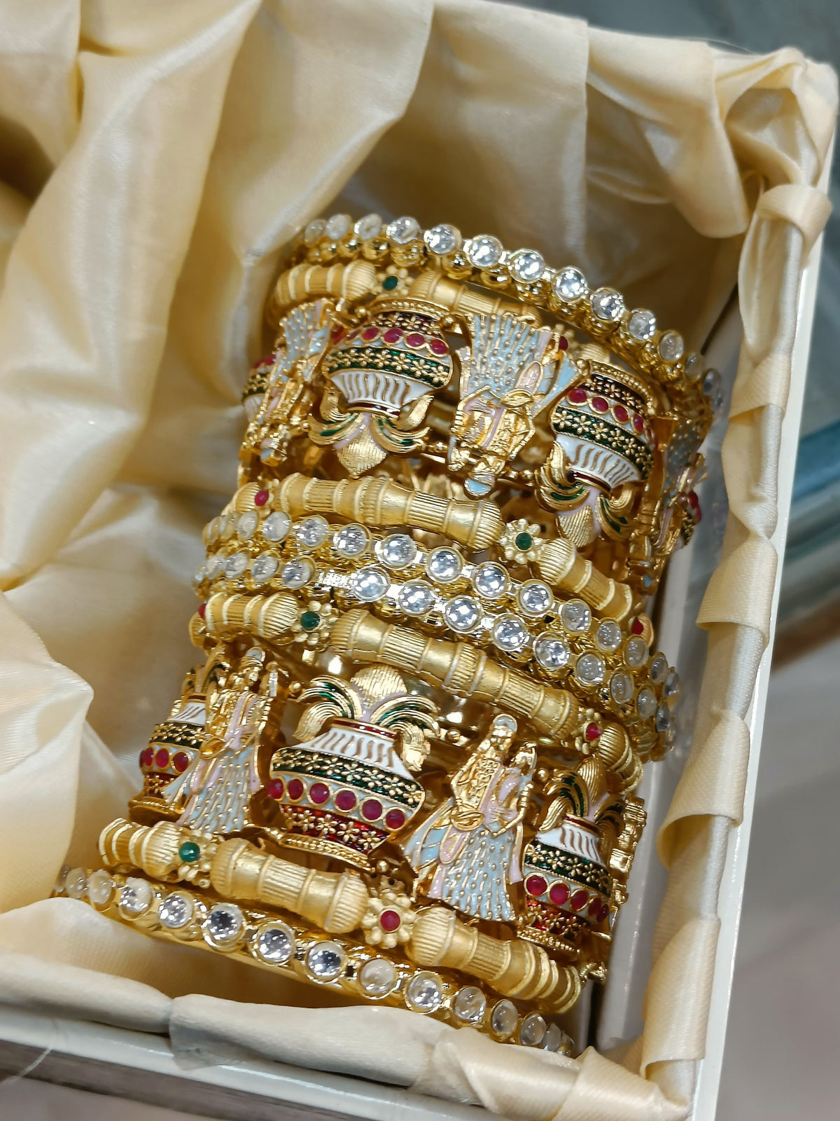 Indian Meenakari Jaipuri Golden Kada Bracelet Set For Wedding - Libasaa.com