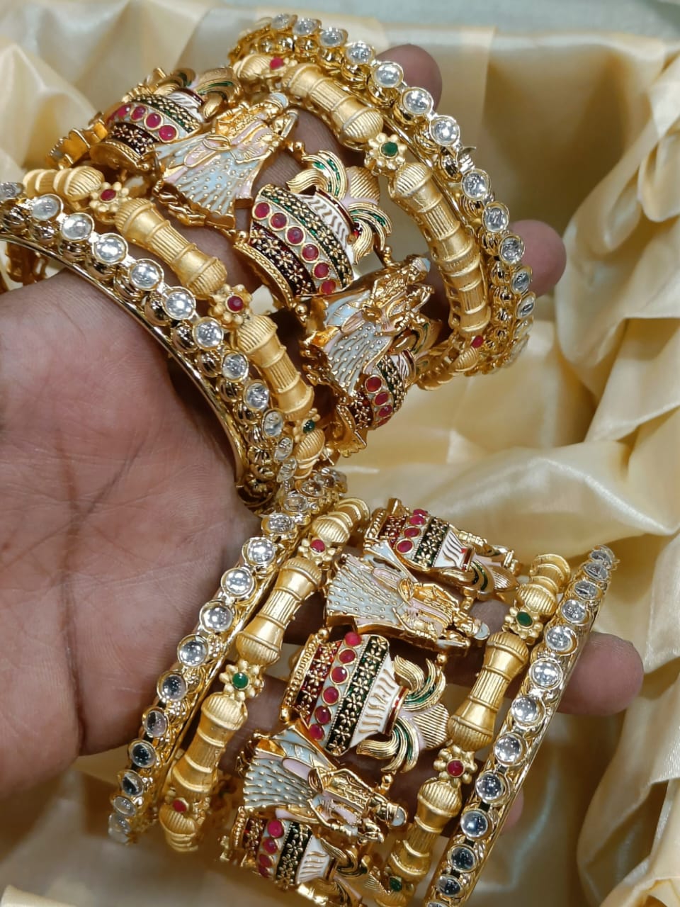 Indian Meenakari Jaipuri Golden Kada Bracelet Set For Wedding - Libasaa.com