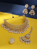 Gold-Plated White Beads Kundan Stone Choker & Pearl Beaded Jewellery Set For Women - Libasaa