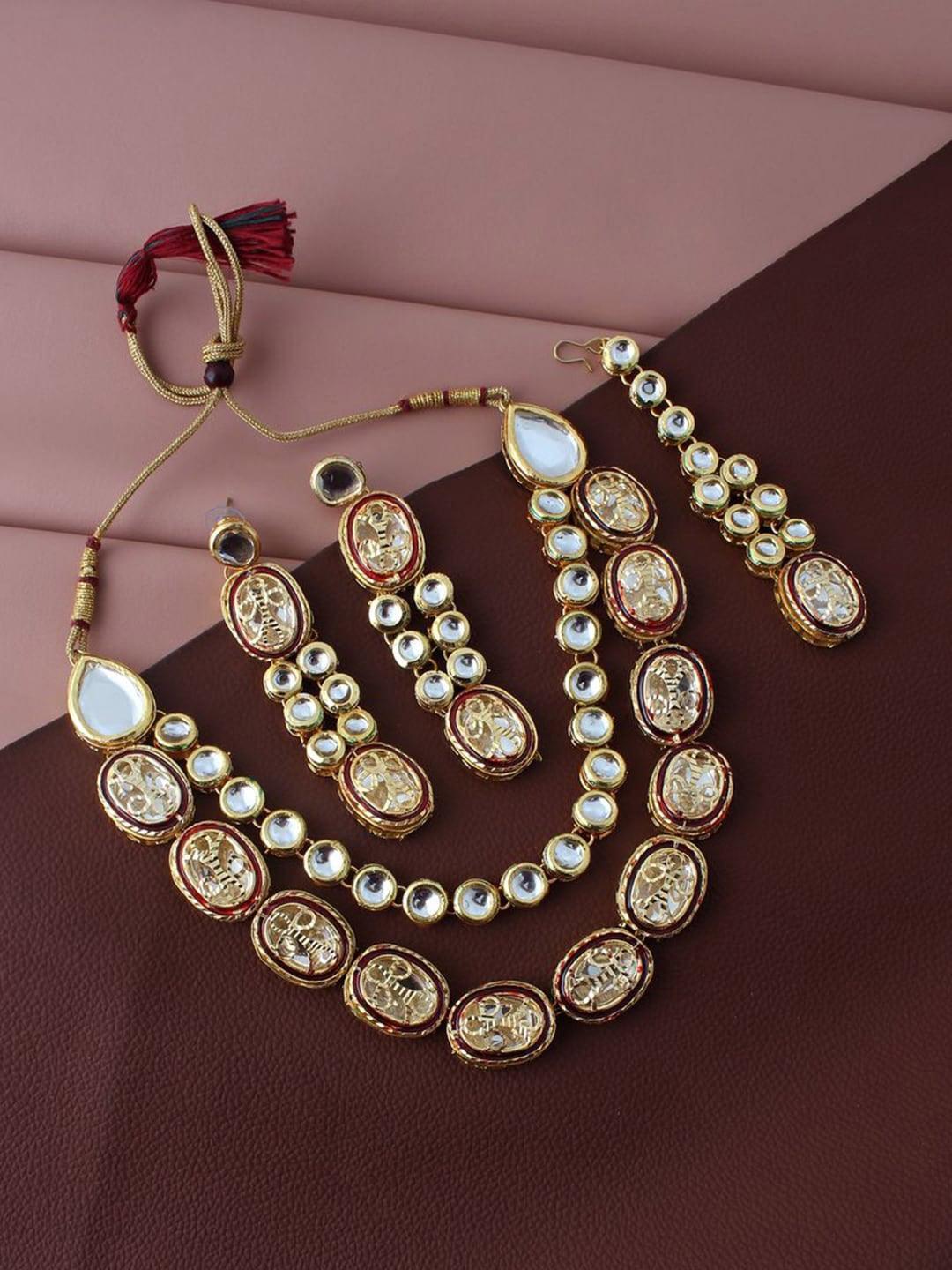 Maroon Gold-Plated Kundan Studded & Beaded Handcrafted Jewellery Set - Libasaa