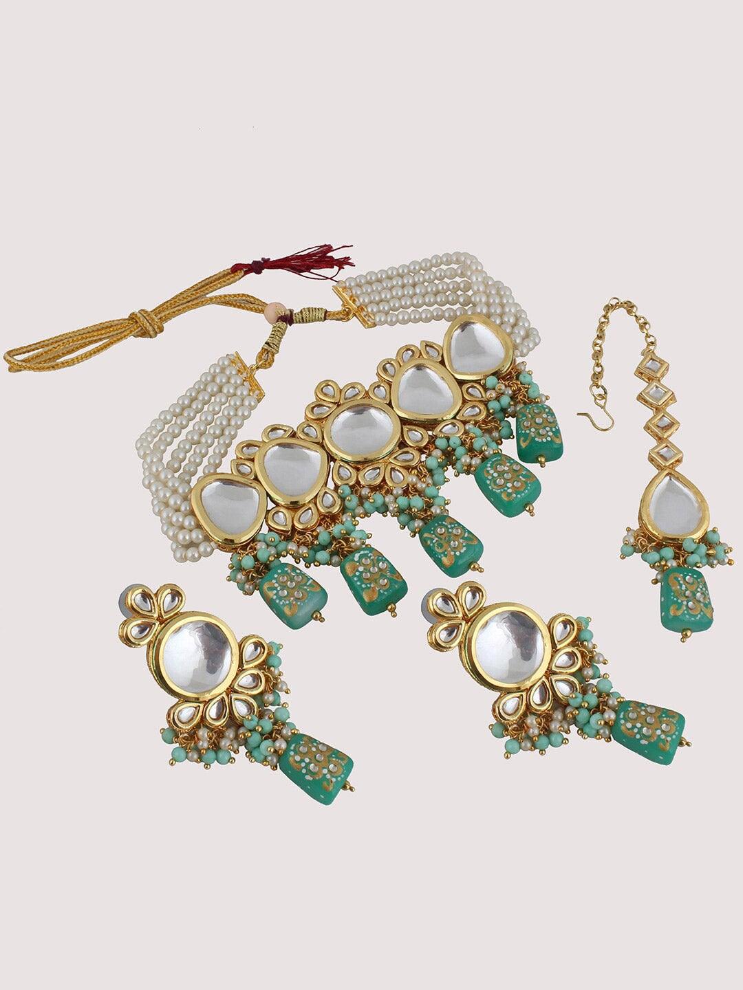 White & Green Gold-plated Kundan-Studded & Beaded Jewellery Set - Libasaa