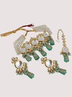 White & Green Gold-plated Kundan-Studded & Beaded Jewellery Set - Libasaa