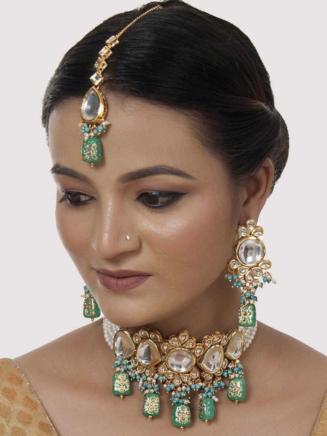 White & Green Gold-plated Kundan-Studded & Beaded Jewellery Set - Libasaa