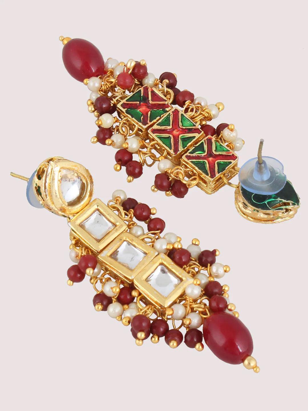 White & Maroon Gold-Plated Kundan-Studded & Beaded Jewellery Set - Libasaa