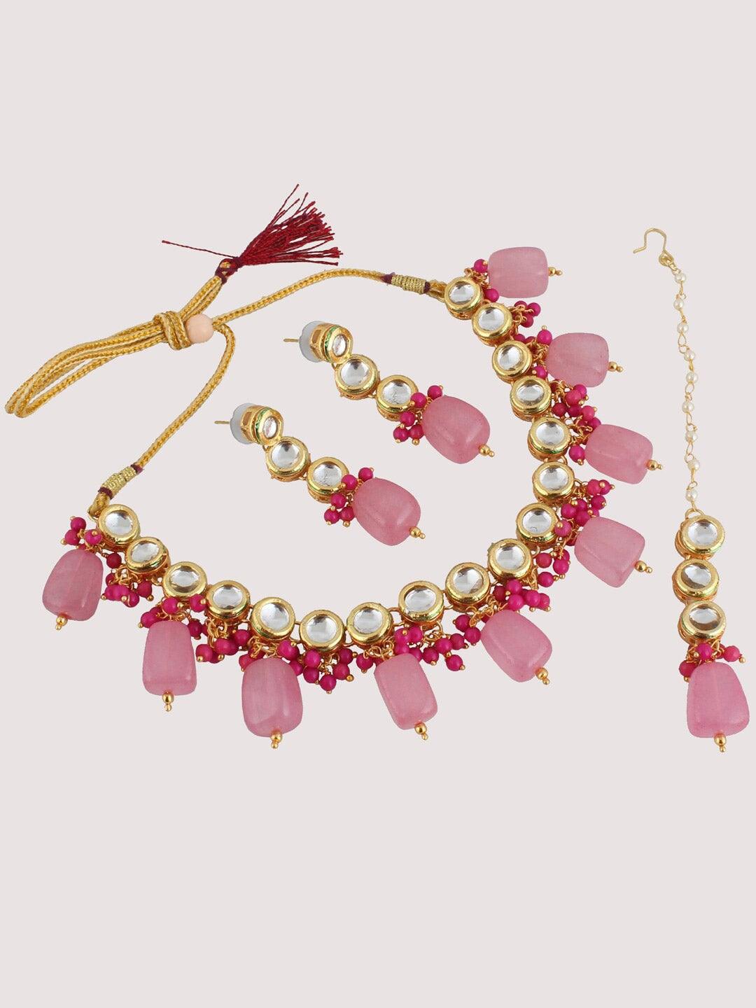 White & Pink Gold-Plated Kundan-Studded & Beaded Jewellery Set - Libasaa