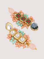 Pink & Green Gold-Plated Kundan-Studded & Beaded Jewellery Set - Libasaa