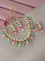 Pink & Green Gold-Plated Kundan-Studded & Beaded Jewellery Set - Libasaa
