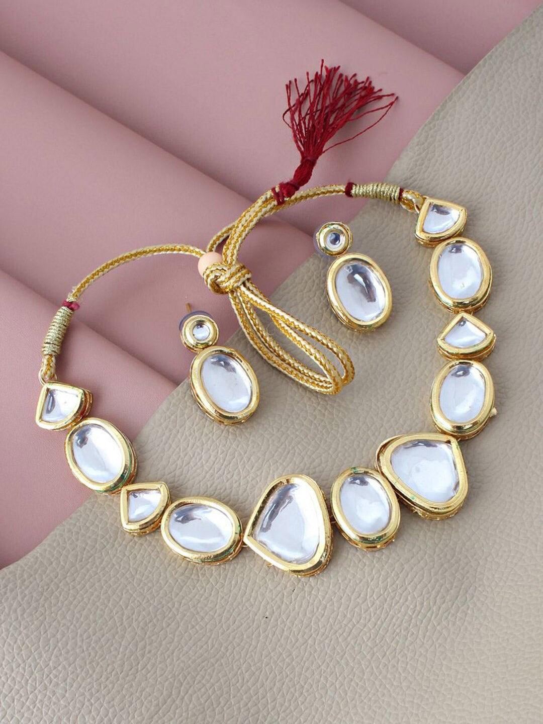 White 18k Gold Plated Kundan-Studded & Beaded Jewellery Set - Libasaa
