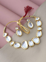 White 18k Gold Plated Kundan-Studded & Beaded Jewellery Set - Libasaa