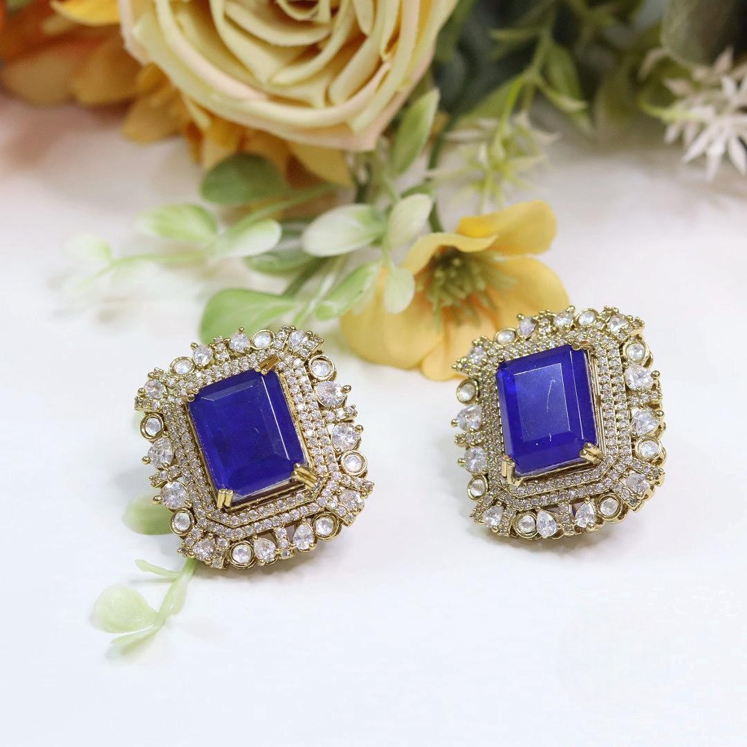 Stone Stud Earrings | Kundan Polki Style Earrings Set | Square Statement Jewellery | Premium Indian Jewellery for Women