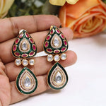 Polki Teardrop Danglers Earrings Set | Kalash Design Stud-Drops | Premium Polki Stone Earrings | Indian Jewellery