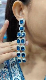 Royal Sapphire Look Long Dangler Earrings with Diamond Cut Stones | Silver Finish Party Wear Indian Jewellery Earrings Set