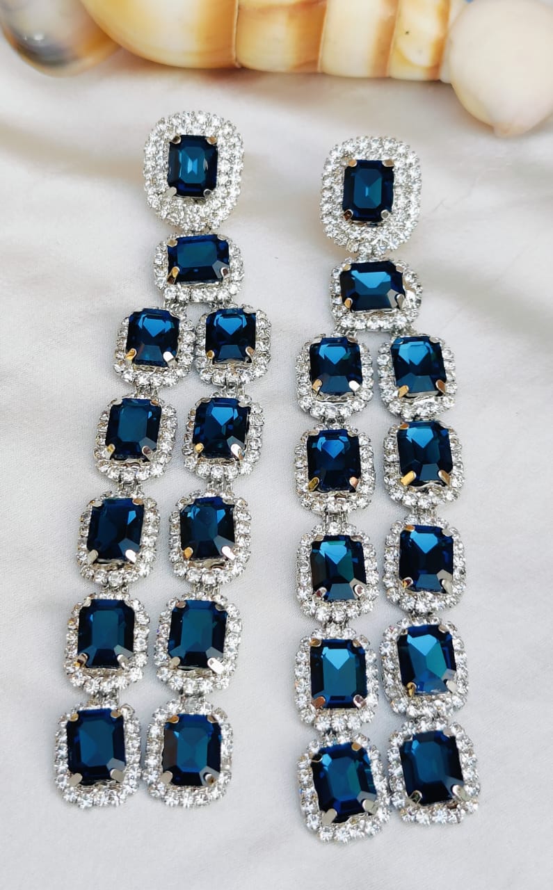 Royal Sapphire Look Long Dangler Earrings with Diamond Cut Stones | Silver Finish Party Wear Indian Jewellery Earrings Set