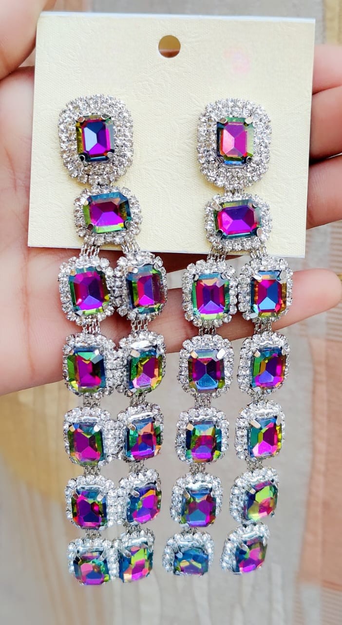 Royal Sapphire Look Long Dangler Earrings with Diamond Cut Stones | Silver Finish Party Wear Indian Jewellery Earrings Set