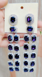 Royal Sapphire Look Long Dangler Earrings with Diamond Cut Stones | Silver Finish Party Wear Indian Jewellery Earrings Set