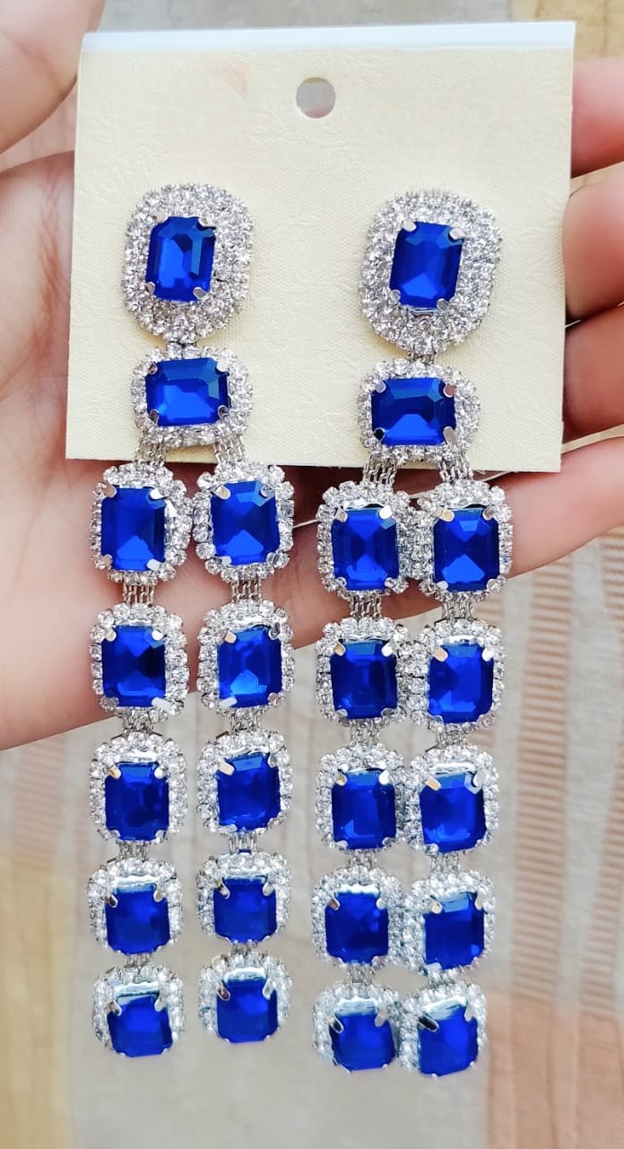 Royal Sapphire Look Long Dangler Earrings with Diamond Cut Stones | Silver Finish Party Wear Indian Jewellery Earrings Set