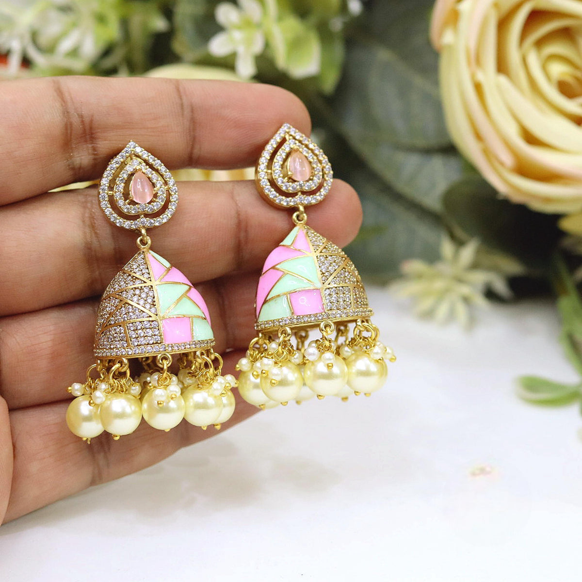Gold-Plated Jhumka Earrings with Pink Meenakari & Pearl Droplets | Indian Gold Plated Jewellery Earring Set