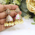 Gold-Plated Jhumka Earrings with Pink Meenakari & Pearl Droplets | Indian Gold Plated Jewellery Earring Set