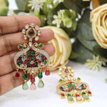 Gold Plated Kundan Chandbali Earrings Multi-Color Gemstones & Drop Charms | Indian Jewellery Bridal Indian Earring Set