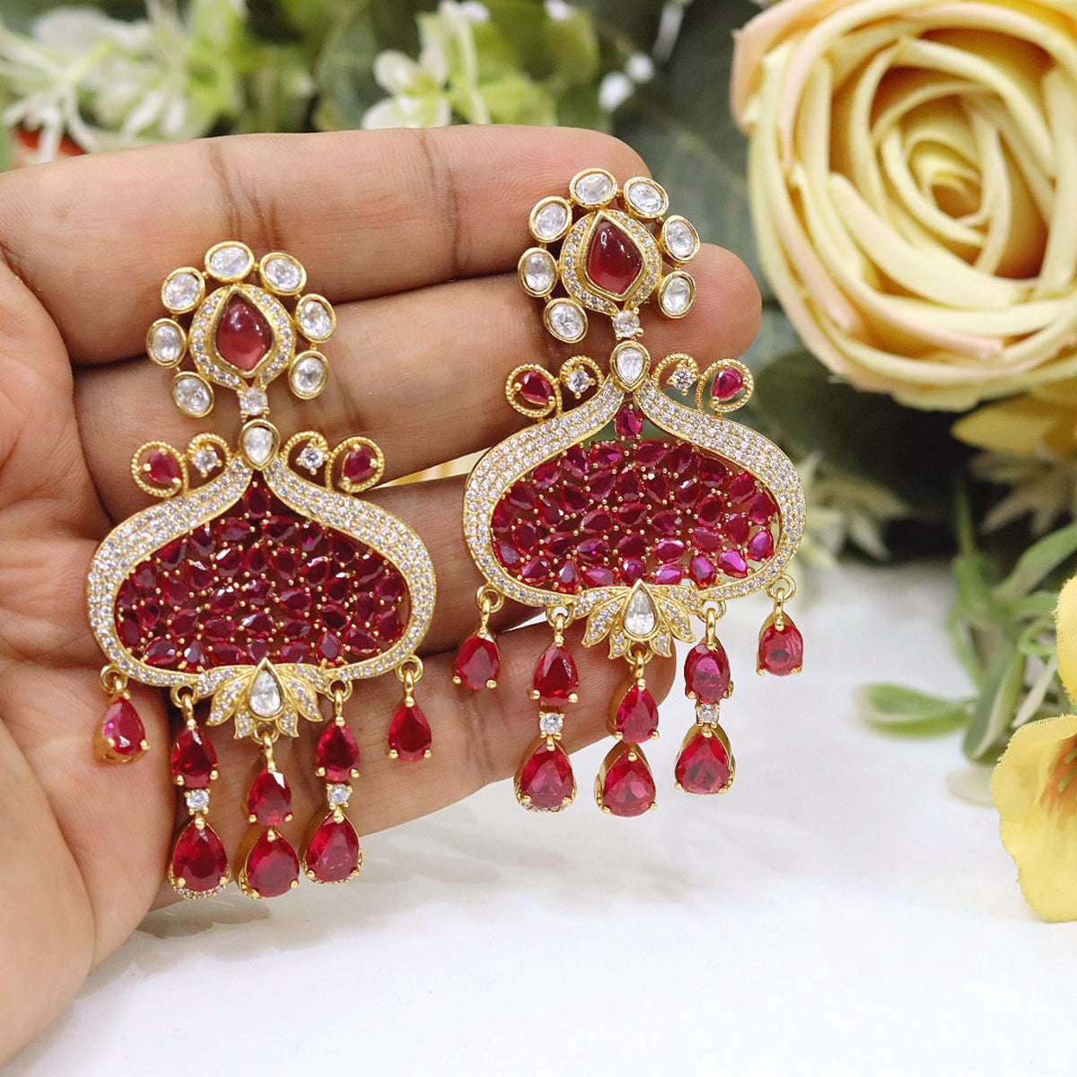 Gold Plated Kundan Chandbali Earrings Multi-Color Gemstones & Drop Charms | Indian Jewellery Bridal Indian Earring Set