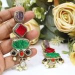 Handcrafted Navratna Multi-Stone Dangler Earrings | Gold Plated Kundan Polki Indian Jewellery Bridal Earring Set