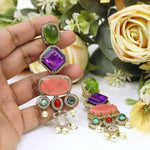 Handcrafted Navratna Multi-Stone Dangler Earrings | Gold Plated Kundan Polki Indian Jewellery Bridal Earring Set